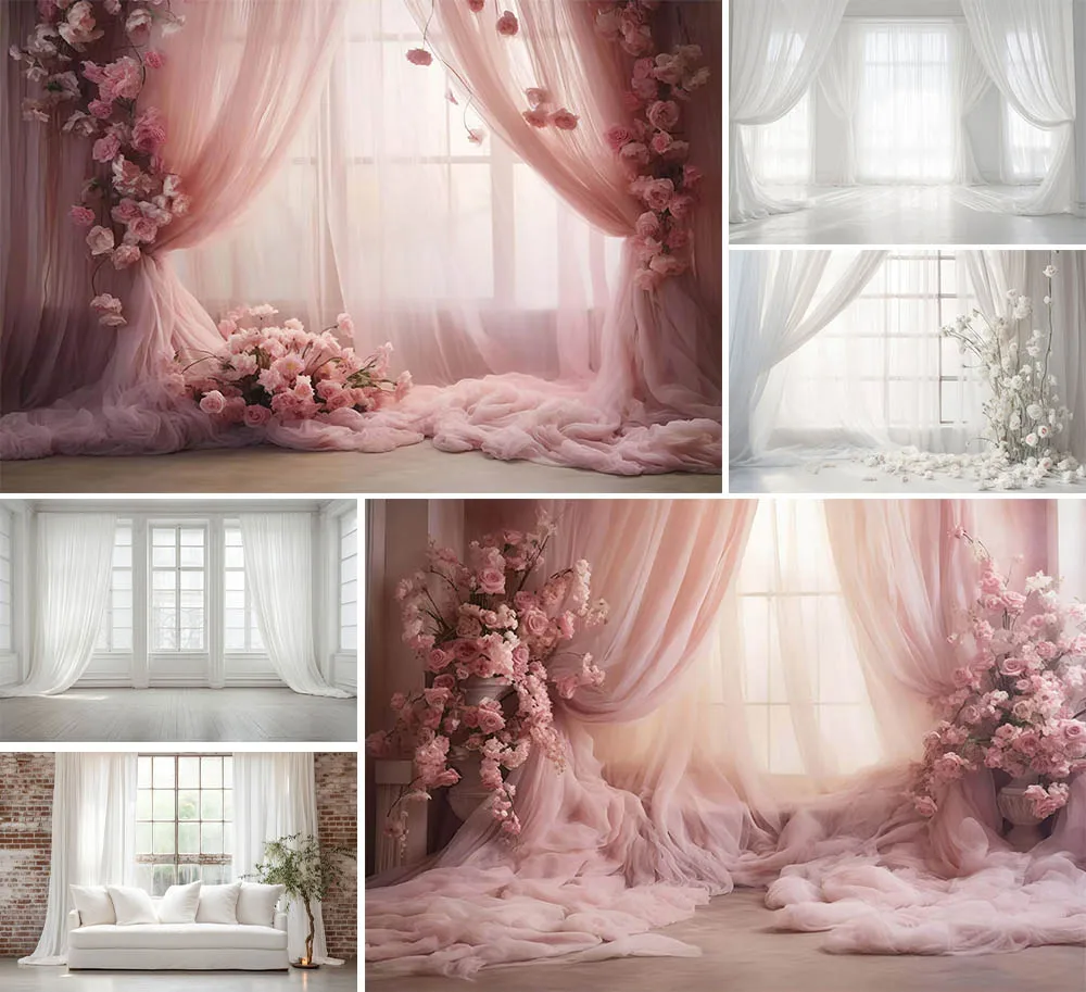 Mehofond Indoor Christmas Photography Background Pink White Window Decor Xmas Flower Curtain Backdrop Kids Portrait Photo Studio