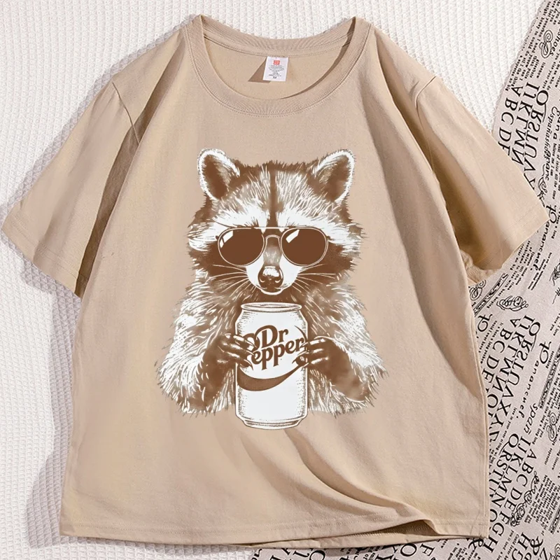 

Raccoon Dr Pepper T Shirt Men Women Beer Drink T-shirt Vintage Animal T-Shirts Casual Cotton Short Sleeve Round Neck Tees