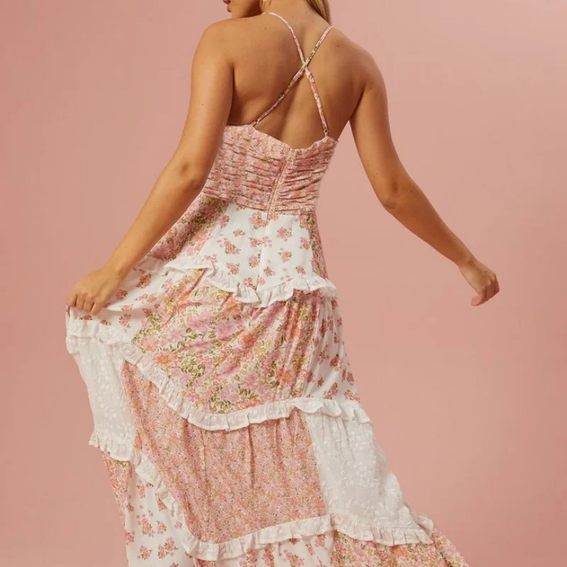 Vestido maxi boho floral Y2K – vestido feminino de alça espaguete com decote em V e babados em camadas para praia e férias de verão