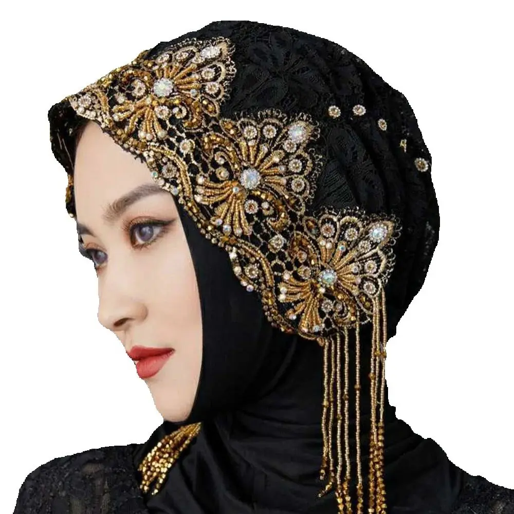 

Роскошный платок с бриллиантами, капот, шляпа, тюрбан, кружевной хиджаб, мусульманский женский шарф с кисточками, Малайзия, молитва, Куфи, ислам, Саудовская Аравия, кепка