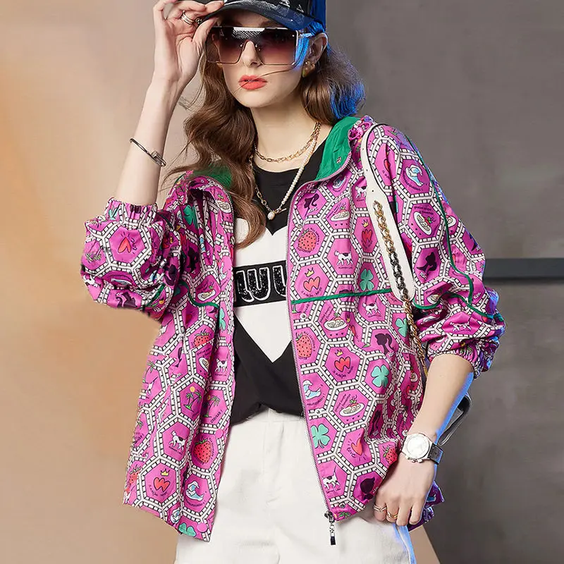 Hooded Jacket For Women In Spring And Summer 2024 New Fashion Color Matching Printed Top Trend