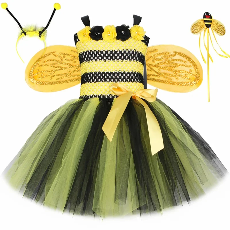 Little Bee Tutu Dress for Girls Halloweeen Cosplay Costume Tulle Flowers Kids Holiday Party Honeybee Fairy Fancy Dress Up Outfit