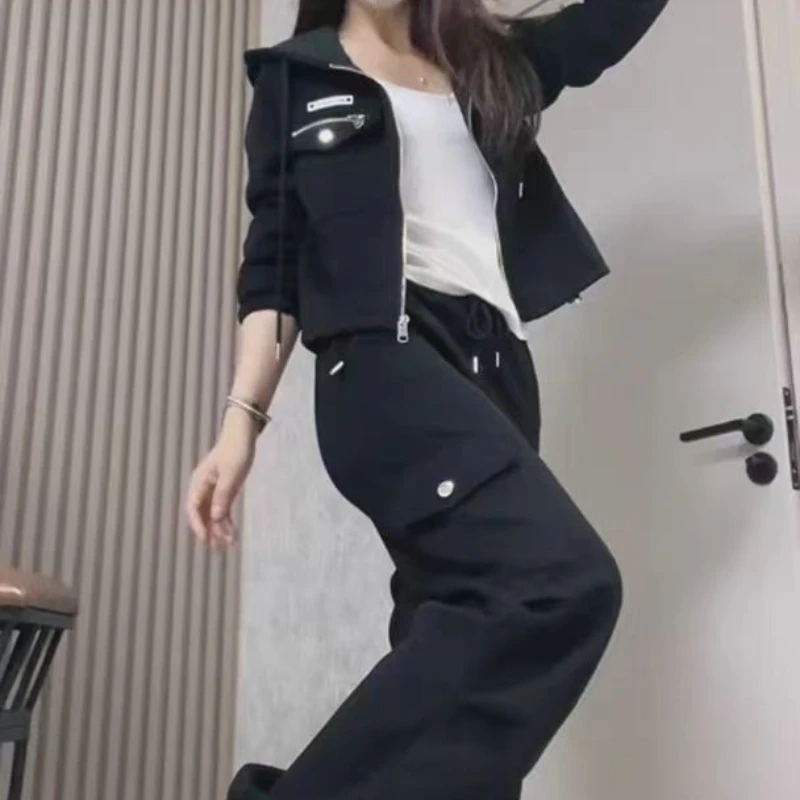 

Осень 2023, новый повседневный спортивный комплект, женская толстовка с капюшоном, брюки-карго, модный утягивающий однотонный комплект из двух предметов