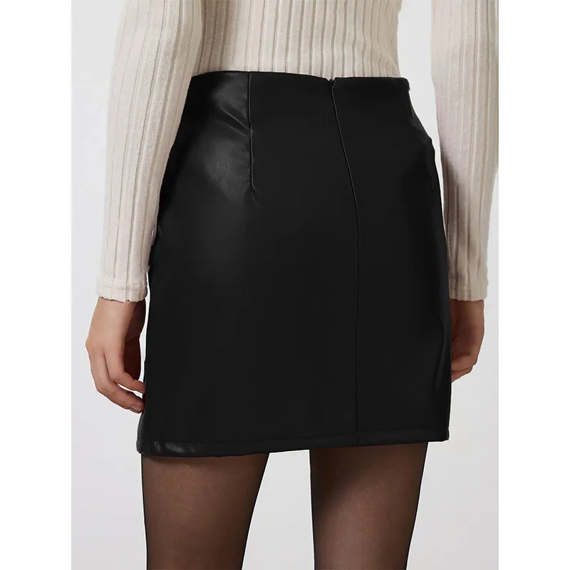 Benuynffy Women's Leather Mini Skirts 2024 Autumn Winter Sexy Bodycon Skirt Women Elegant High Waist Split PU Leather Skirts