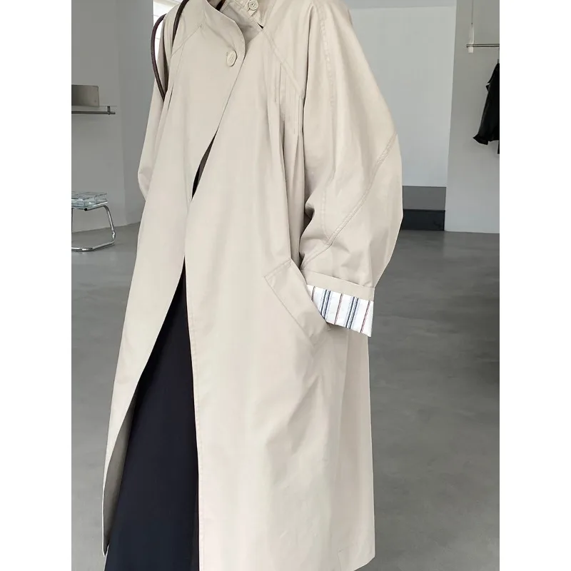 معطف طويل بزر واحد، بلوزة نسائية مخططة كبيرة الحجم ذات طبقات أنيقة