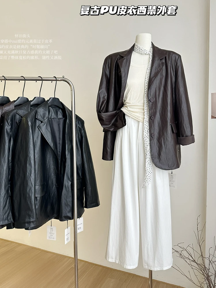 

Женская винтажная куртка из искусственной кожи, Классическая куртка оверсайз в стиле 90-х годов, из искусственной кожи, с отложным воротником, Y2k, Осень-зима