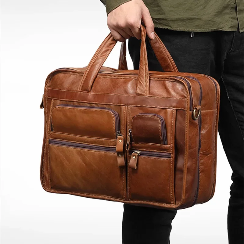 Maletín de cuero genuino para hombre, de gran capacidad bolso de viaje, informal, de piel de vaca, bandolera para ordenador portátil de 15,6 pulgadas