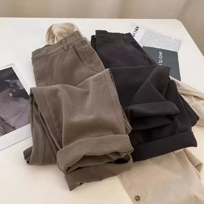 

Брюки унисекс больших размеров в корейском стиле, винтажные, с высокой талией, повседневные, рабочие, осенние, свободные, универсальные, прямые