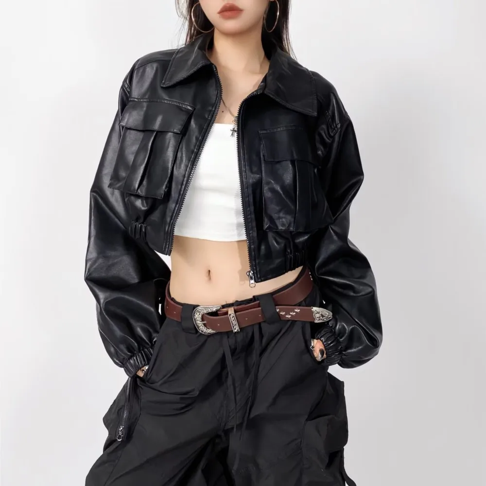 Y2K COOL Women Plaid PU Leather Jacket Front Pockets Elastic Hem Long Sleeve Cropped Coat Loose Short Outwear Black Brown