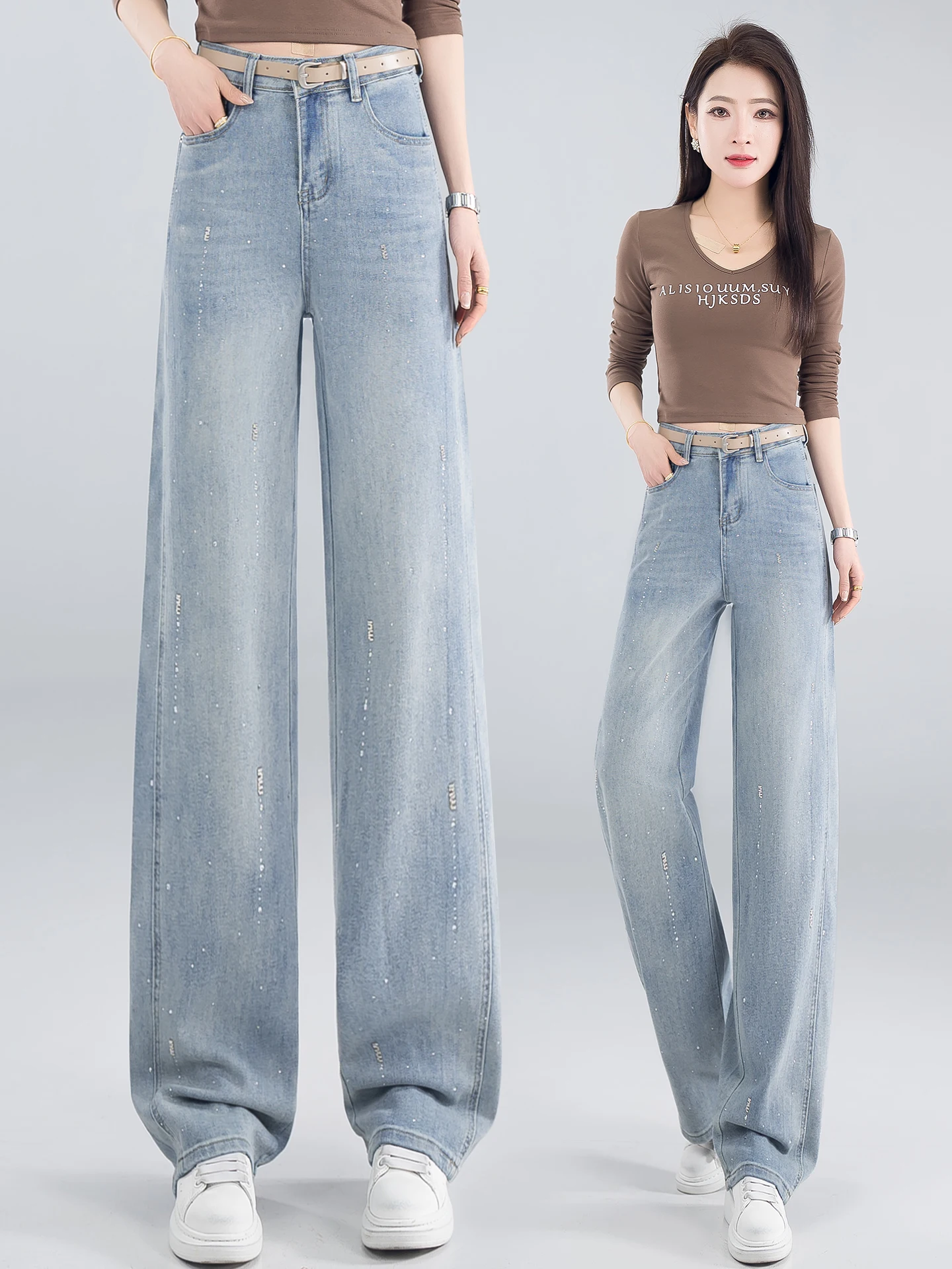 

Light Blue Rhinestone Embellished High Waist Loose Fit Straight Leg Denim Pants Women's Spring Autumn New Style Slimming Wide...