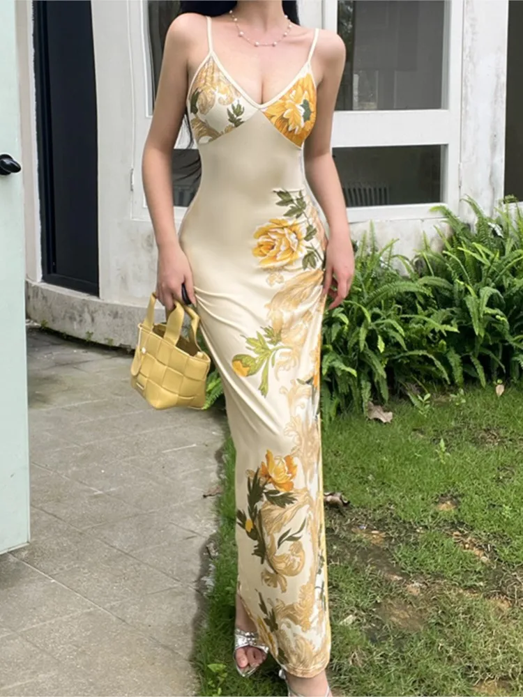 

Summer Fashion Sexy Spaghetti Strap Slim Long Dress Women Print Deep V-neck Sleeveless Bodycon Backless Nightclub Party Dresses