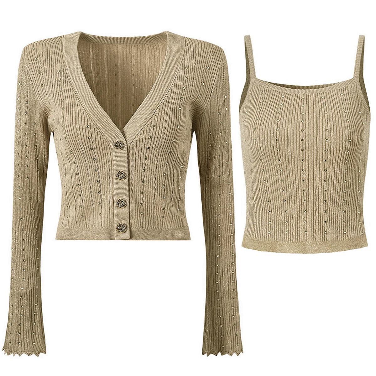 

High Quality In Stock Spring And Autumn New Knitted Striped Rhinestone Sleeveless Suspender Dress Women's Set