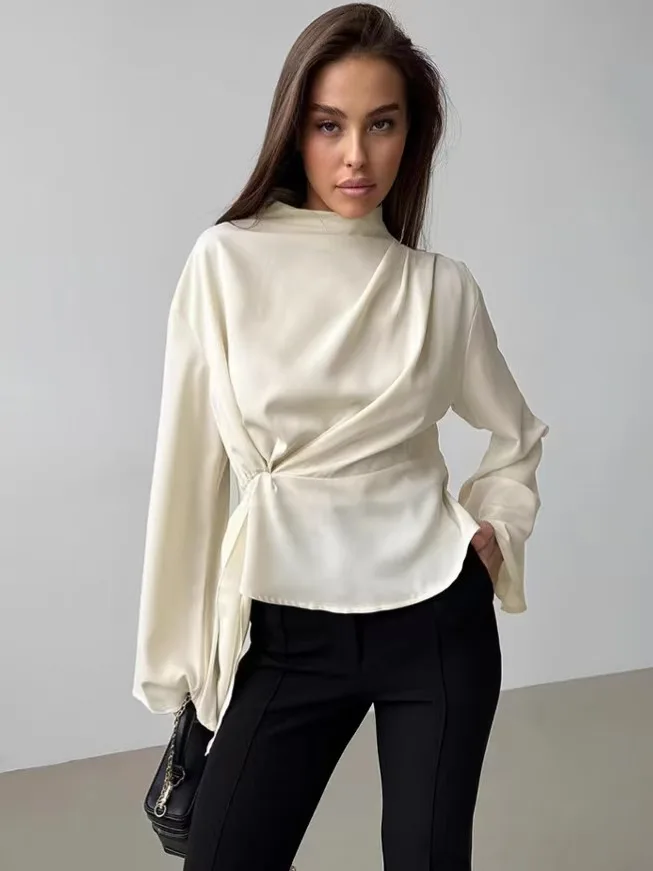 เสื้อเชิ้ตผู้หญิงทรงหลวม แขนยาว คอตั้งพับได้ ทรงบาน สไตล์ลำลอง สีพื้น เหมาะสำหรับใส่ทำงานในออฟฟิศ