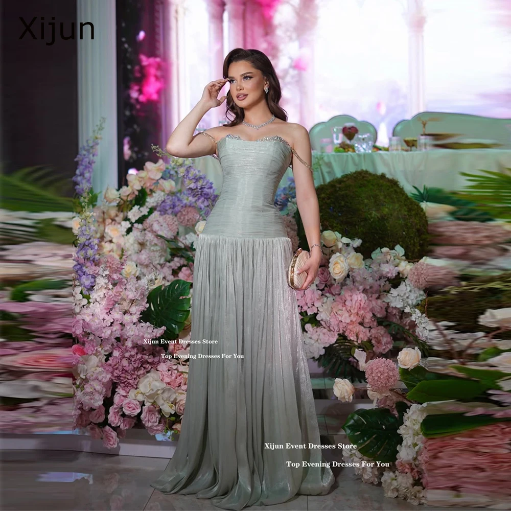 Xijun فساتين سهرة طويلة فاخرة باللون الأخضر النعناعي على شكل حرف a بدون أكمام فساتين لحضور الحفلات الموسيقية مطوي فستان حفلات رسمي مخصص #1