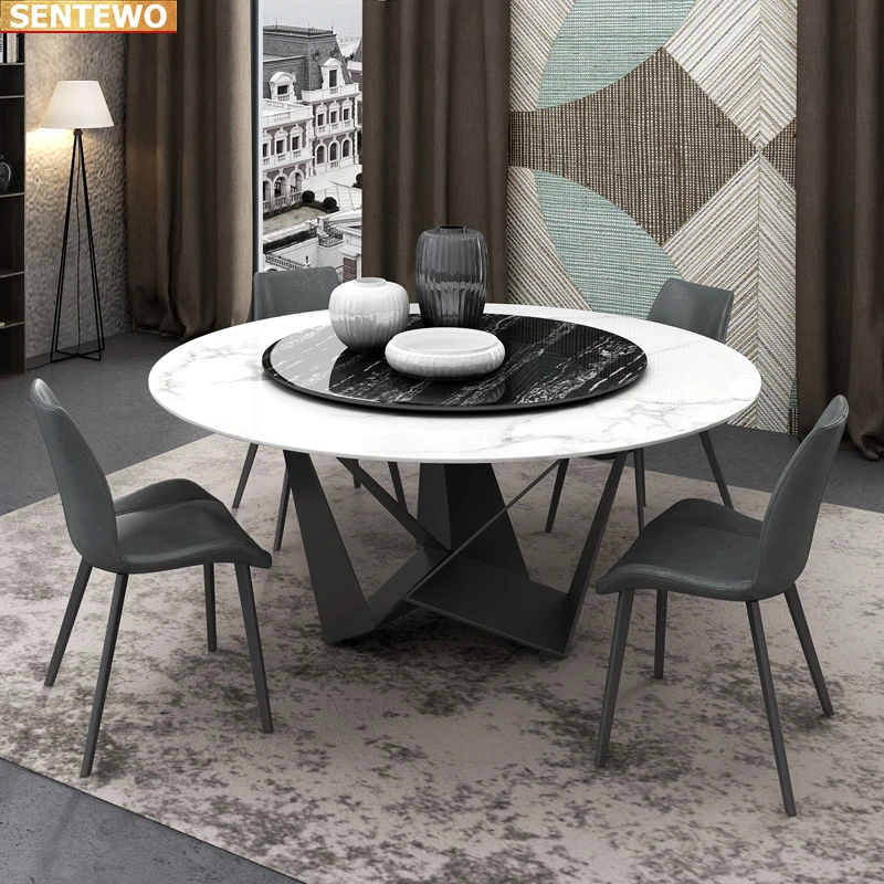 Designer Luxury round kitchen Marble Rock Slab dining table set 8 chairs mesa de jantar tablo furniture meuble Carbon steel base