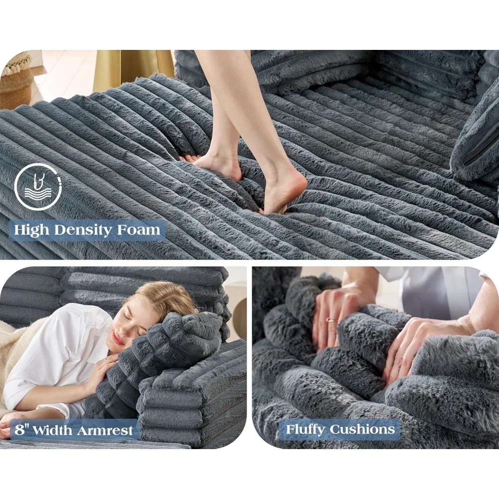 Espreguiçadeira estofada de 53 polegadas, cadeira de pelúcia com almofadas e braços, sofá-cama interno para sala de estar, cinza