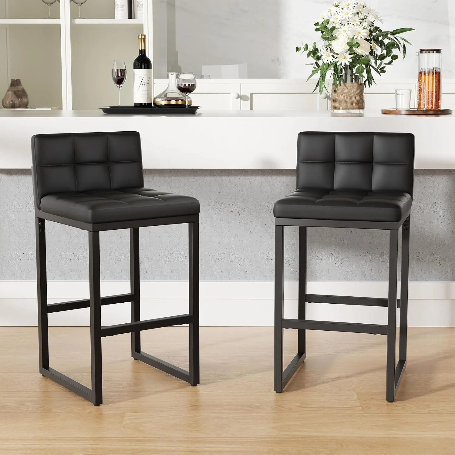 Bar Stools Set of 2, Modern Counter Height Bar Stools, Black | 24" Faux Leather Bar Chairs with Back, Footrest, Sturdy Thickened