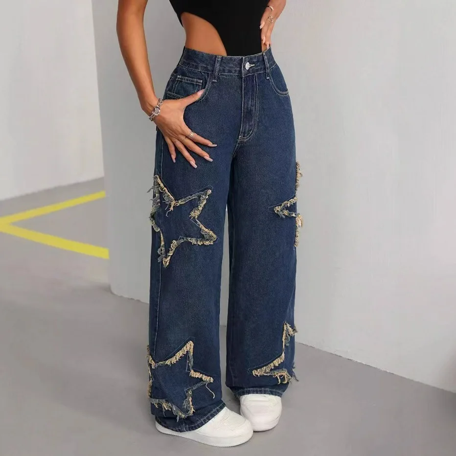 

Women's Patched Star Denim - Distressed Frayed Hem Relaxed Straight Leg Jeans2025