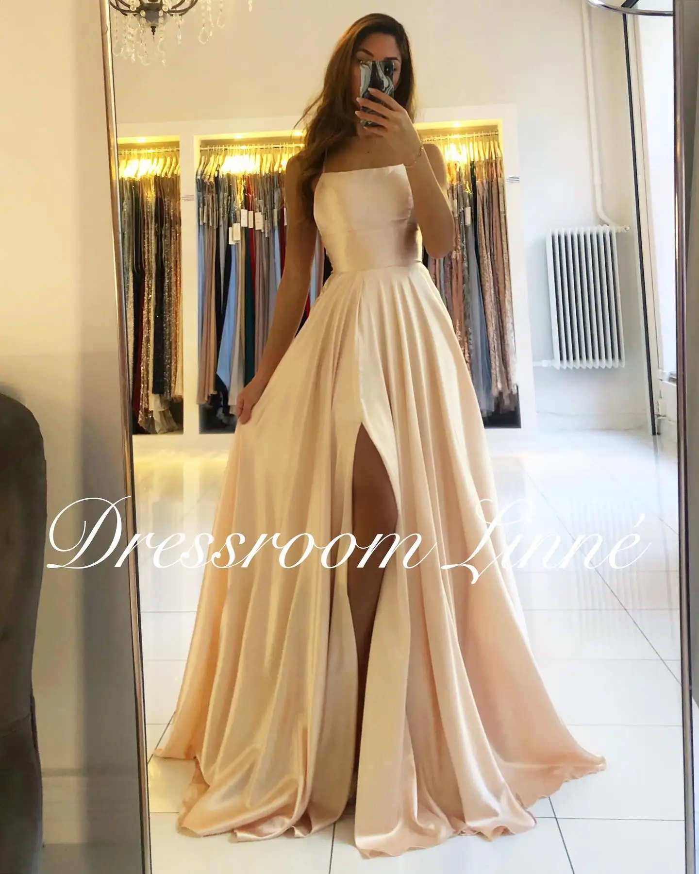 FATAPAESE Prom Dress Spandex satin Slit Side Dress A-LINE Scoop Stretch Slip Satin High Split Long Simple Evening Party