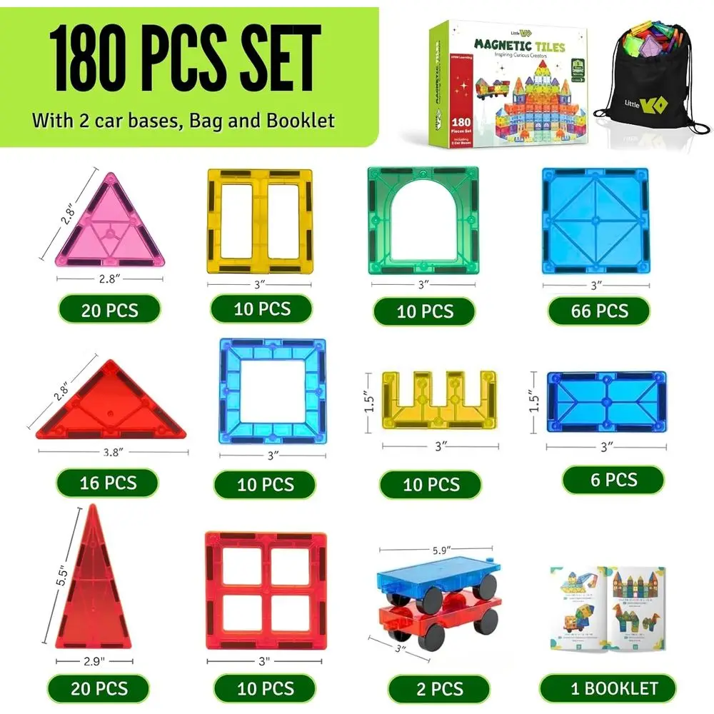 Juego de construcción magnética de 180 piezas con 2 bases de coche para niños de 3 a 12 años, juguetes de aprendizaje STEM para niños y niñas
