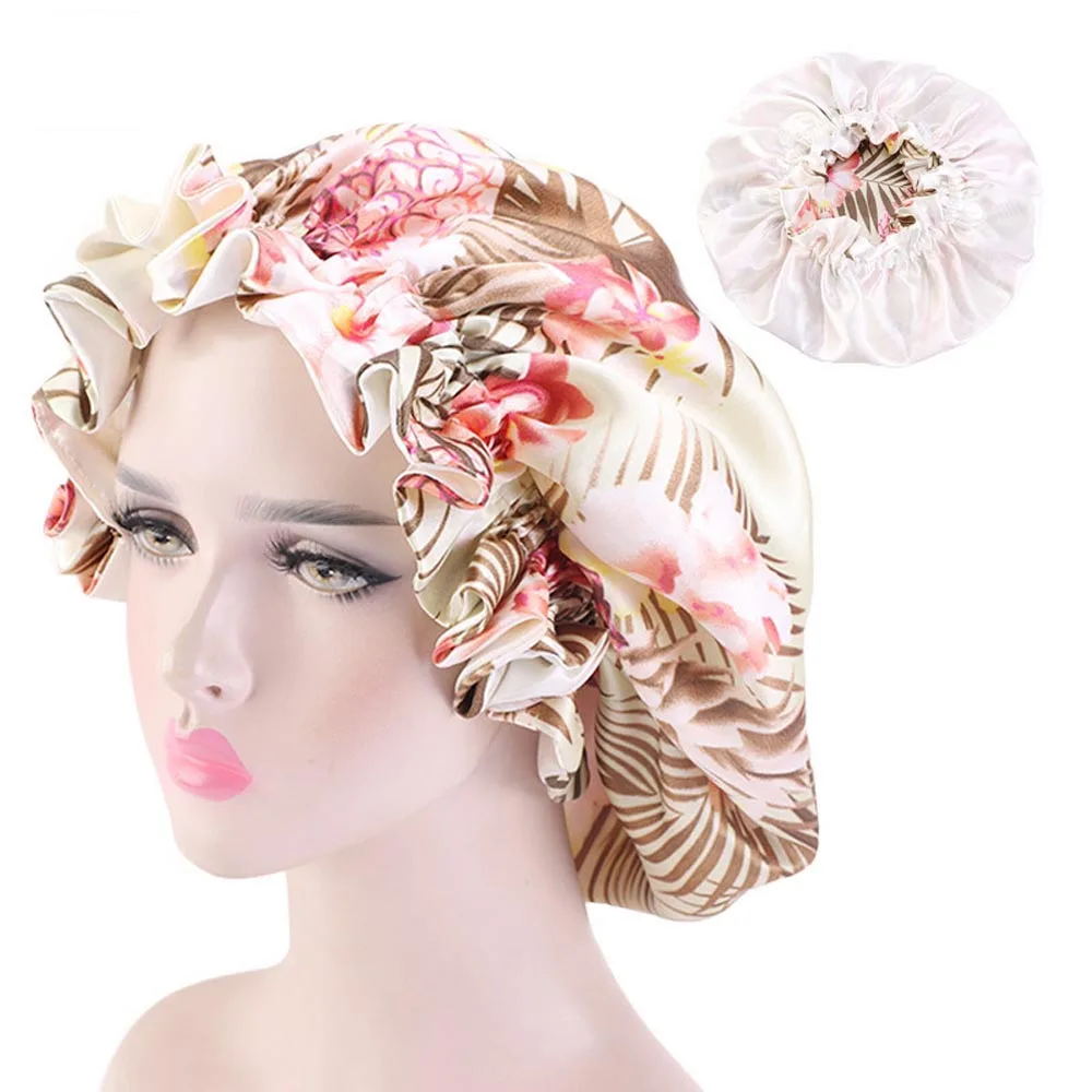 Adjust Elastic Satin Sleep Cap Bonnet Print Flower Hair Styling Hair Care Women Night Sleep Hat Head Wrap Hair Headwear Nightcap