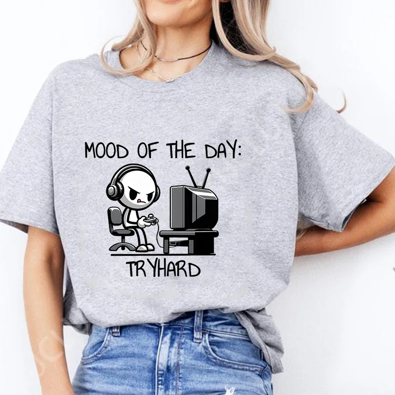 Funny Women T-shirt Mood of The Day Female Oversized Clothing Fashion Happness Graphic Y2k Tops Hip Hop Short Sleeve Tees Shirt