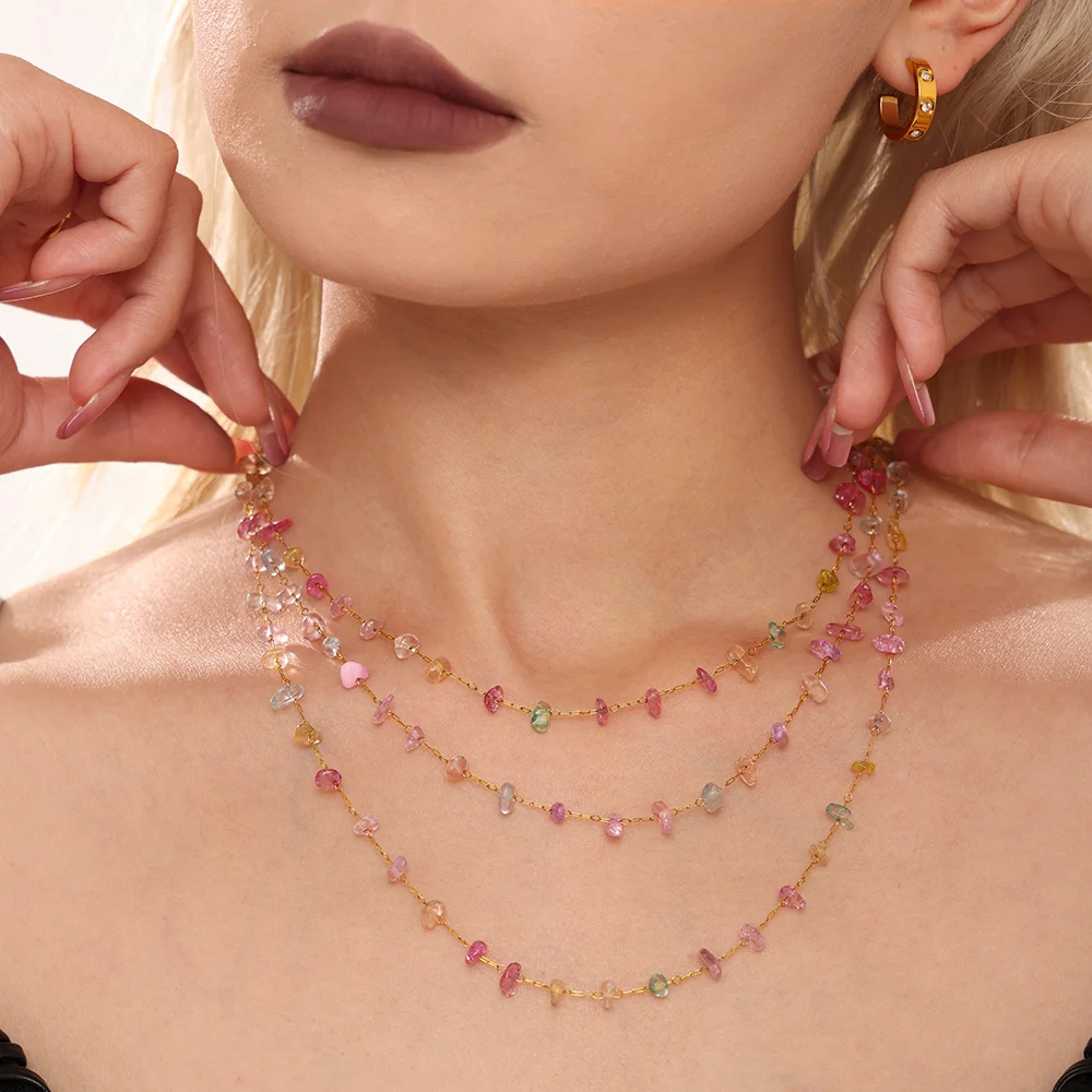 Colorful Pink Necklace Bracelet Women Set Stainless Steel Natural Stones Beaded Pendant Female Necklaces Luxury Jewelry Gift