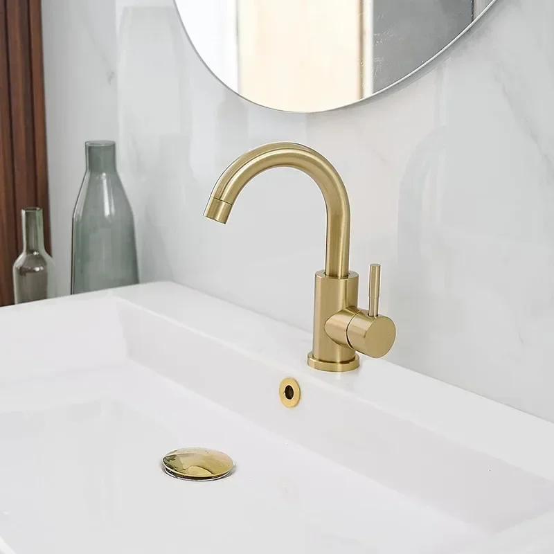 Home  Hot and Cold  Kitchen  Sink Mixer Tap Deck Mount 360 Rotated Bathroom Faucet 304 Stainless Steel Brushed Gold Basin Faucet