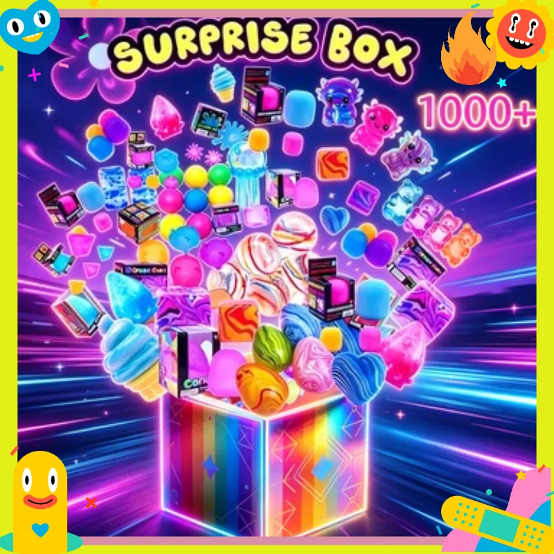 100+Pcs Surprise Box Toys Fun Mystery Fidget  Stress Relief Surprise Novelty Stress Relief Assorted Squishy Figures Blind Box