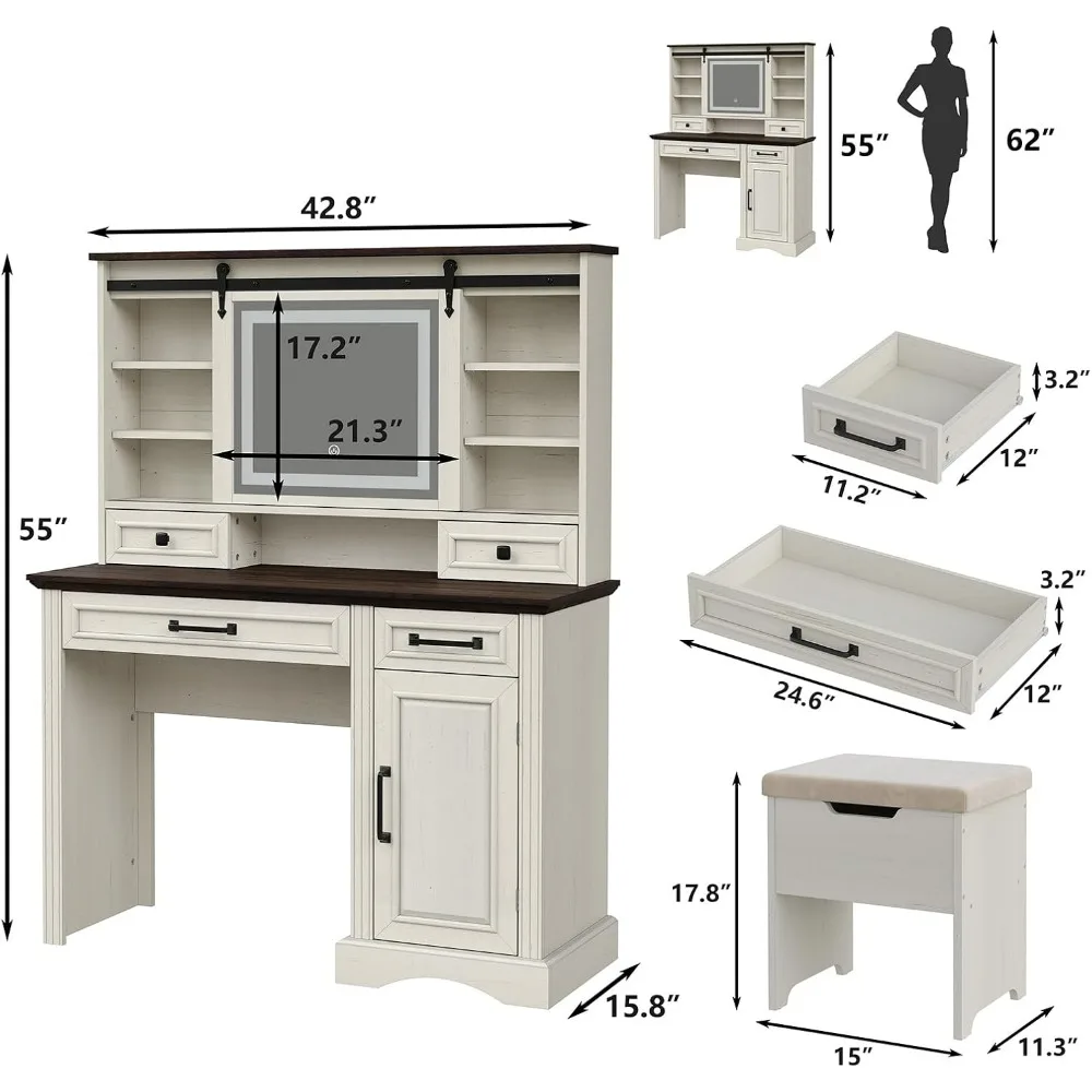 Farmhouse Makeup Vanity Desk with Sliding Mirror, Large Vanity Set with 3 Brightness Lights, Ample Storage, Antique White