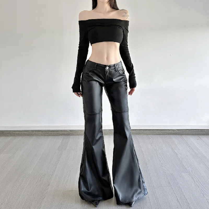 Dark Style Spicy Girl Personality Low Waist Leather Pants 2025 Autumn And Winter New Pu Leather Trumpet Pants