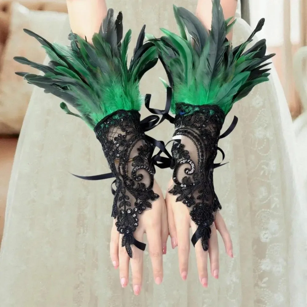 Retro Halloween Feather Gloves Embroidery Wristband Sequins Feather Lace Gloves Cuffs Gothic Women Halloween Arm Sleeves