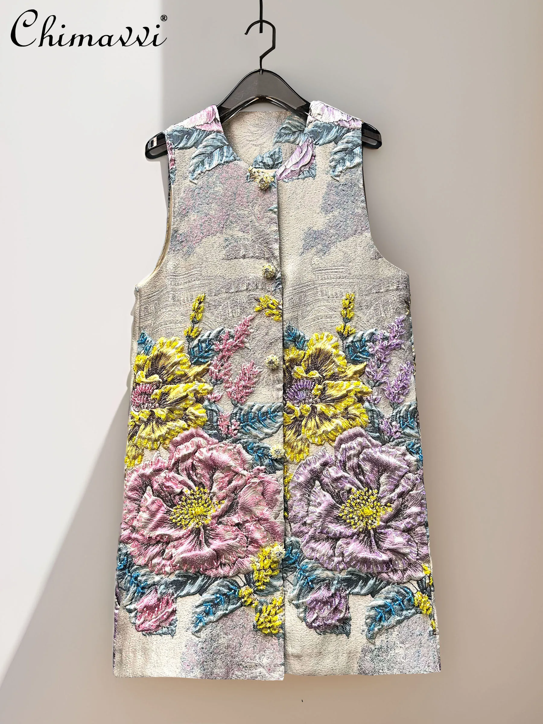 

New Chinese Style Women's Outwear Jackets Autumn Jacquard Embossed Beaded Single-breasted Round Neck Sleeveless Long Vest Women