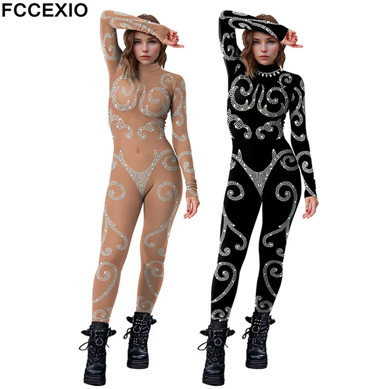 

FCCEXIO Retro Palace Patterns Print Halloween Bodysuit Women Jumpsuit Carnival Party Stretch Cosplay Costume Sexy Jumpsuit New