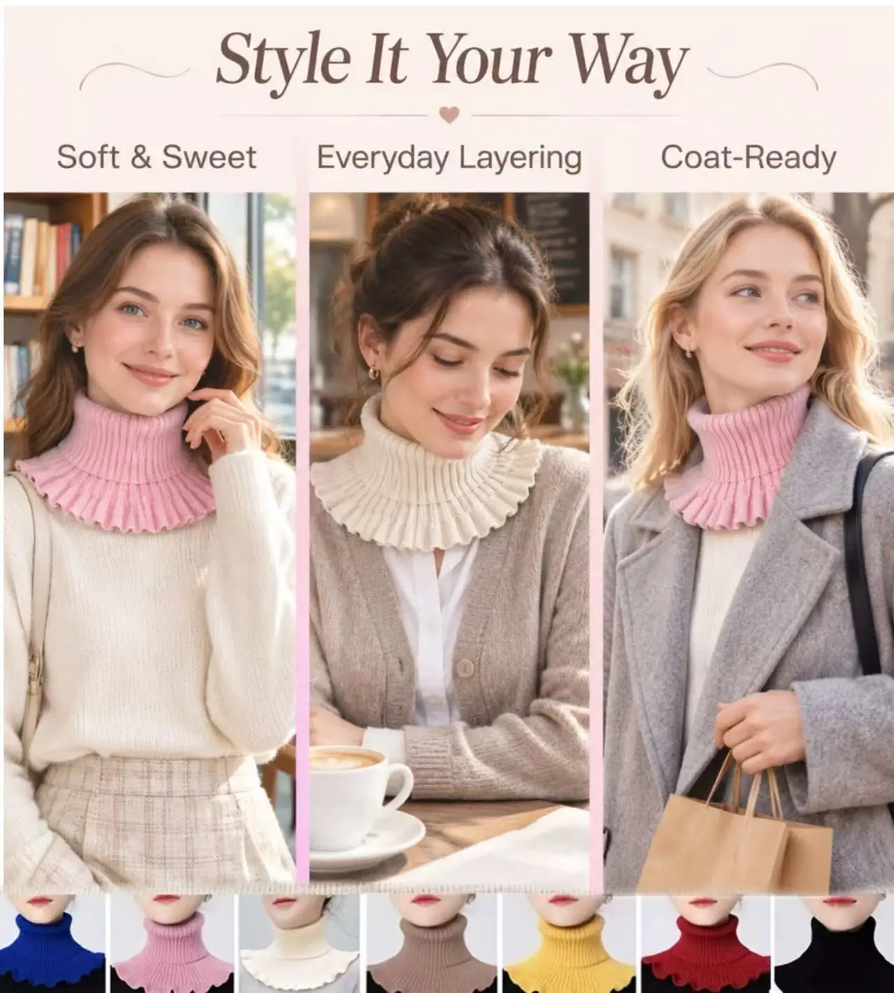 Women Knitted Fake Turtleneck Collar Ruffle Edge Stretch Neck Warmer Winter Sweater Decor Neck Scarf