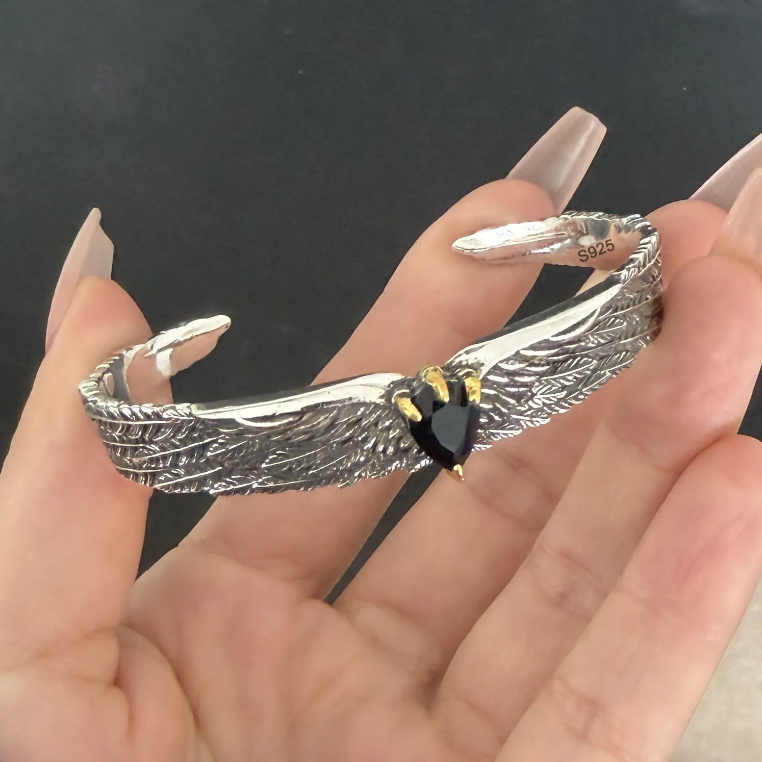 100% Solid 925 Sterling Silver Retro Bracelet for Women Men Vintage Handmade Heavy Black CZ Wing Simple Bracelet Birthday Gift
