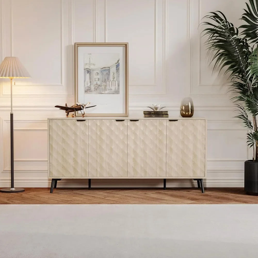 Mid-Century Modern Minimalist 62'' Diamond Flute Sideboard Buffet Cabinet, with Adjustable Shelves,L-Shaped Relief Storage