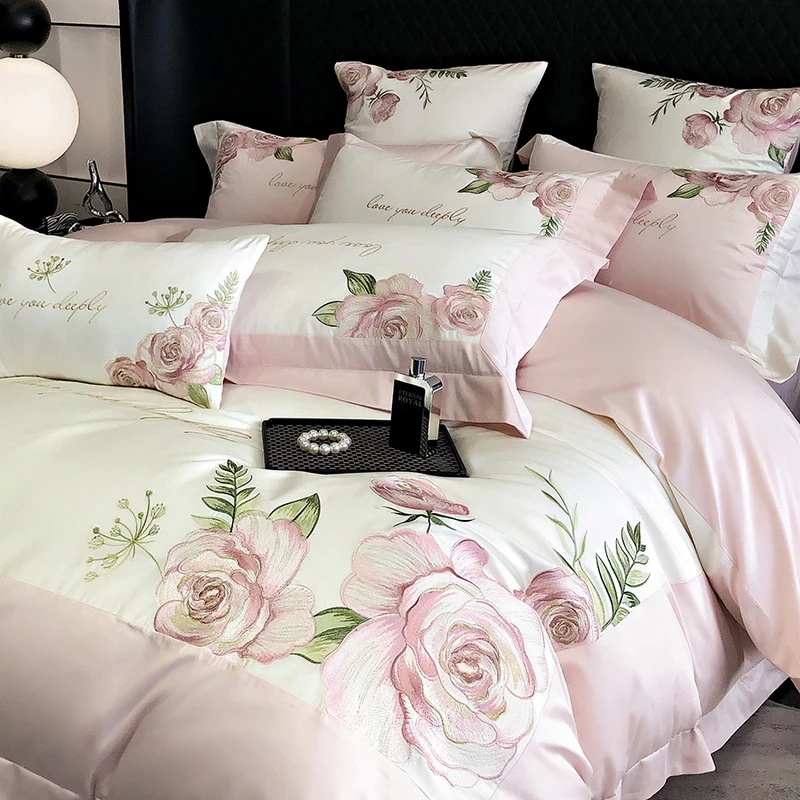 1000TC Egyptian Cotton Luxury 4Pcs Bedding Set Chic Flowers Embroidery Queen King Duvet Cover Set Flat/Fitted Sheet Pillowcases