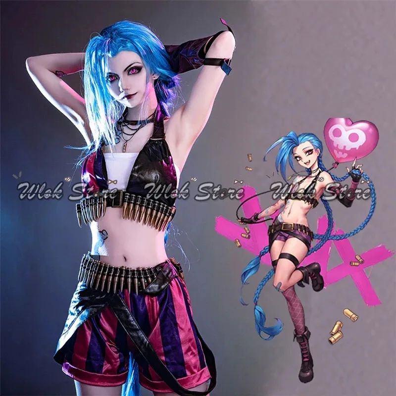 

Game LOL Jinx Arcane Cosplay Outfit Wig Tattoos Shoes Women Uniform Halloween Party Carnival Costume Accessories Blue Long Braid