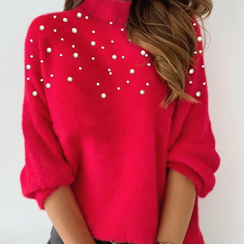 2024 Spring And Autumn New Women's Clothing Beaded High Neck Long Sleeve Top Solid Color Casual Fashion Daily Straight Sleeve