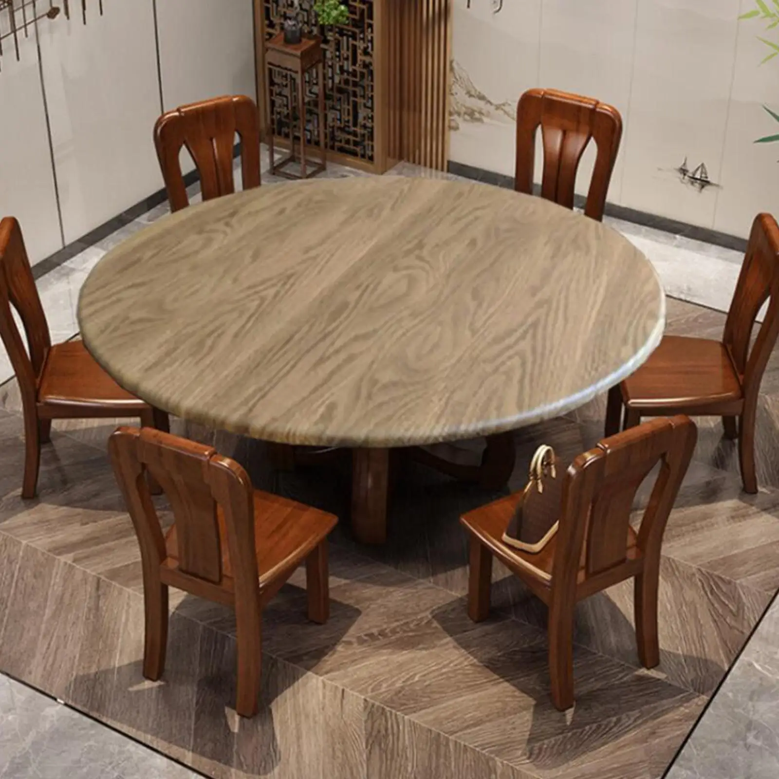 Round PVC Tablecloth Waterproof Table Cover Home Decor Wood Pattern