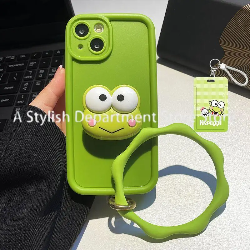 Kawaii Sanrio Keroppi Phone Case Iphone15/14/13 Bring Support Wristband All Inclusive Light Anti-Fall Anime Figure Festival Gift