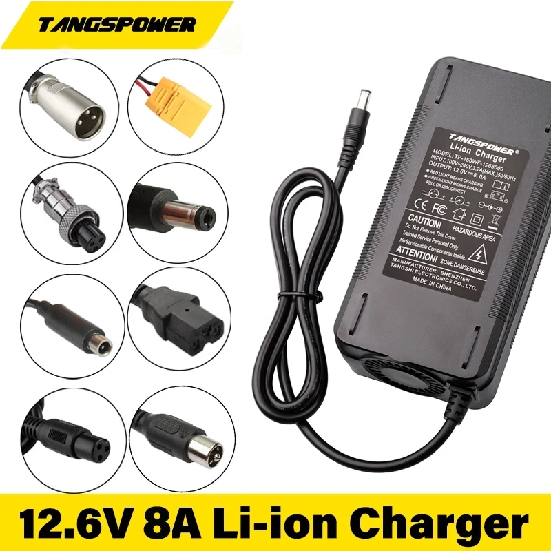 

12.6V 8A Lithium Battery Charger 18650 Li-ion Battery DC5.5x2.1/GX16/3PXLR/RCA/3PGX12/Crocodile Clip Connector High Quality