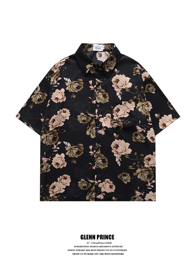 

Casual Floral Print ort Sve Men's irt GPstudio Hong Kong Sle Vintage Summer irt Breathable Polyester Fiber