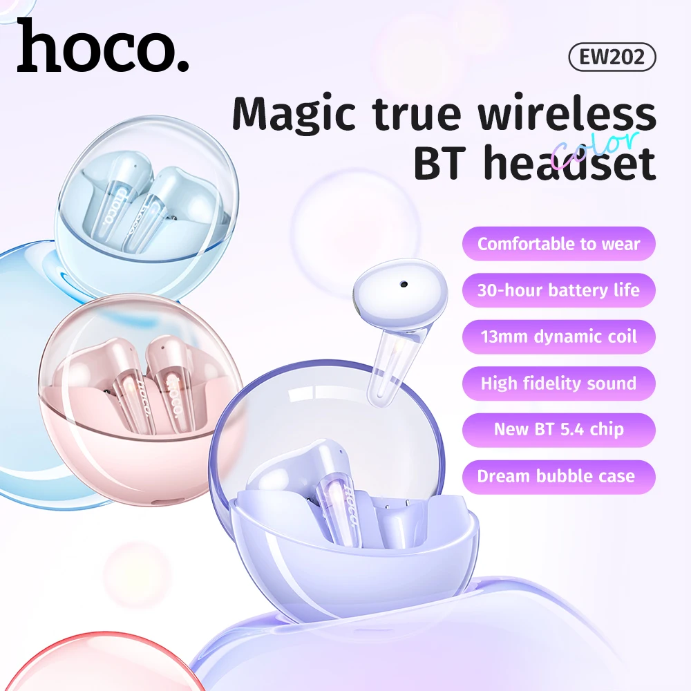 HOCO Crystal Wireless Bluetooth 5.4 Music Sport Earphone Candy Color HiFi Audio Hands Free Earbuds 13mm Driver Long time Standby