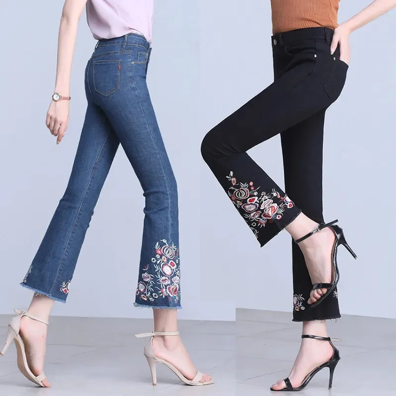 New 2023 Spring/Summer Female Denim Pant Elasticity Jeans Women's Wild Nine Points Trumpet Embroidered  Cowgirl Pants