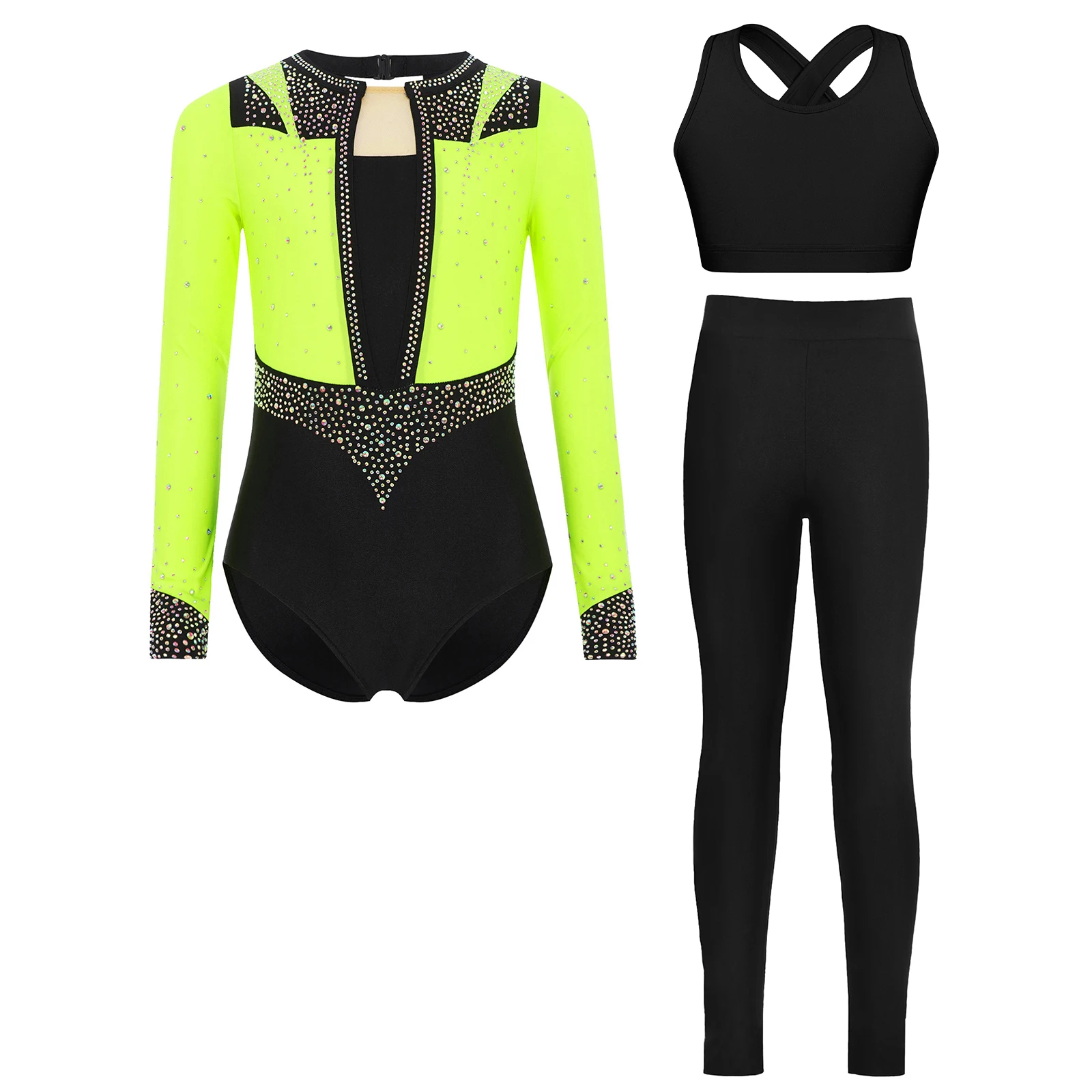 Kids Girls 3-Piece Gymnastics Figure Skating Dance Performance Outfit Long Sleeve Rhinestone Leotard with Vest And Leggings Sets