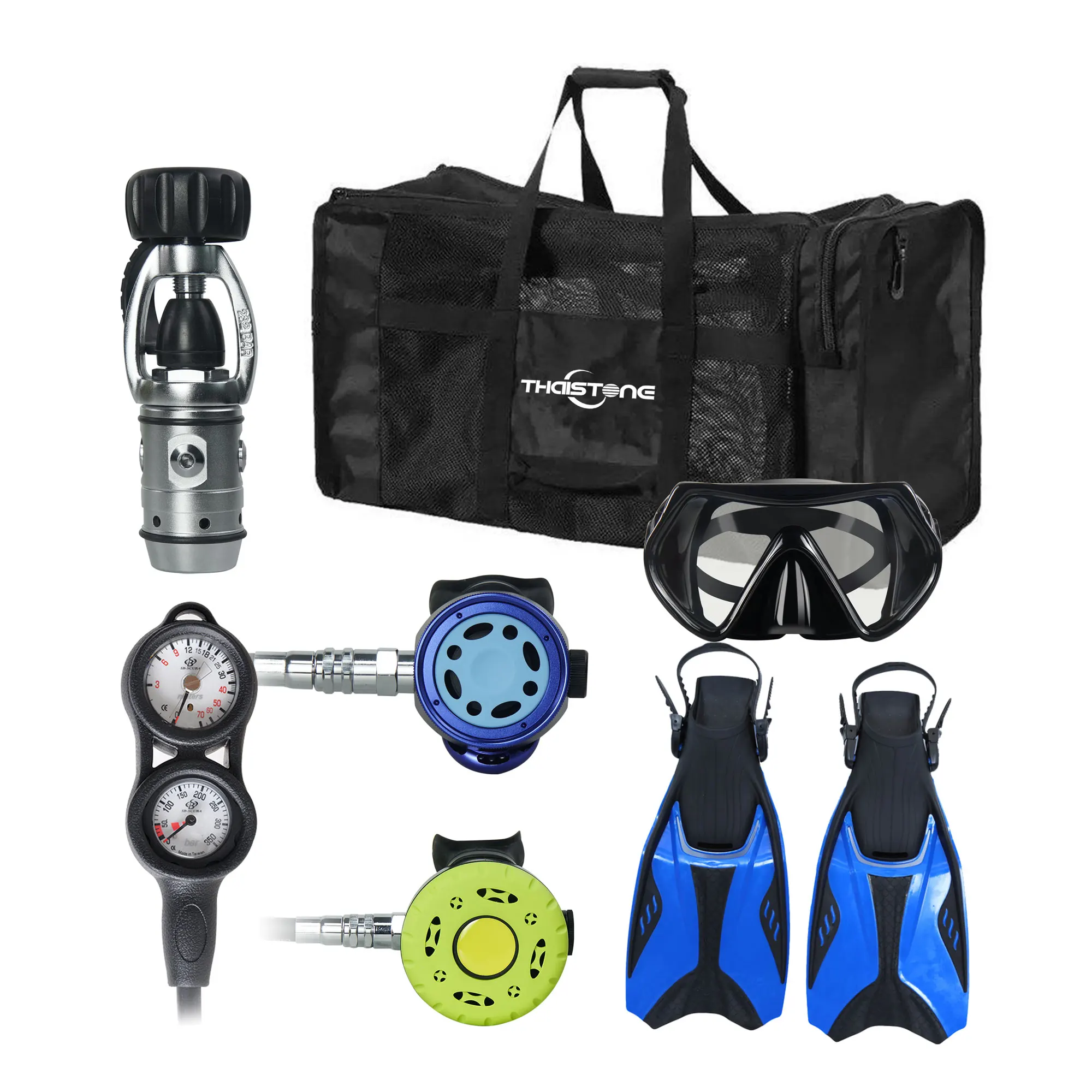 

Wholesales Thaistone Diving Octopus scuba Gear Set with Aluminum Regulator Plastic Regulator Dive Mask Fins Drynet Hand Bag
