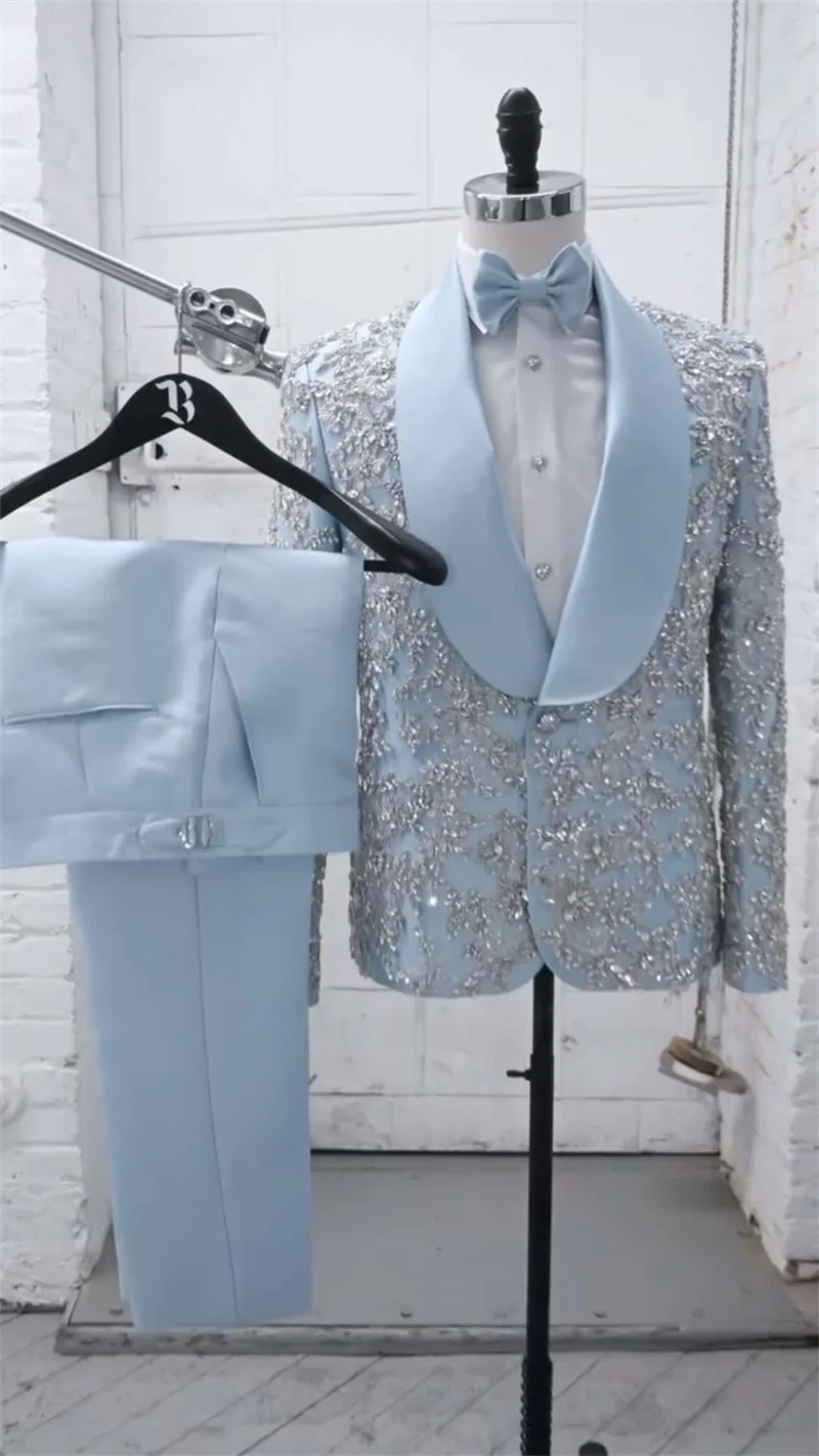 Light Blue Men Suits 2 Piece Crystals Blazer+Pant Business Prom Wedding Tuxedos Coat Customized Formal Office Jacket Trousers image 2