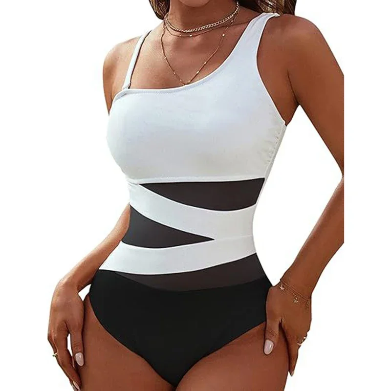 Traje de baño ajustado Sexy para mujer, traje de baño de una pieza de malla transparente con tirantes irregulares, ropa de playa sencilla, monos